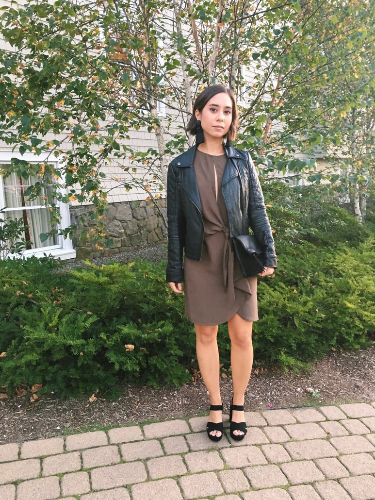 Wedding rehearsal dinner guest outfit in New England in autumn featuring Topshop dress, leather jacket, fringe earrings