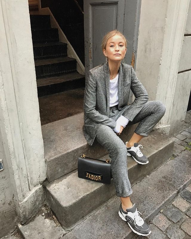 street style, metallic suit, silver suit, sneakers, josefinehj, instagram