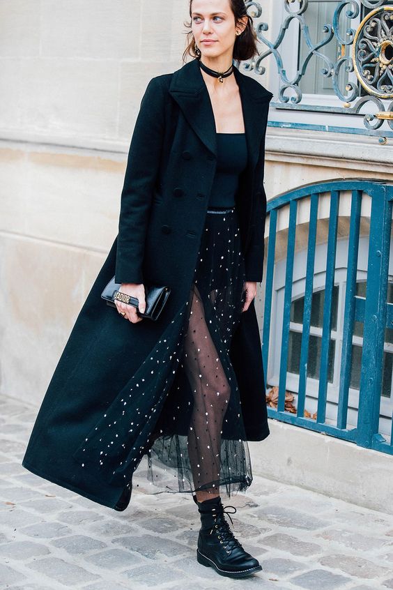 street style, sheer skirt and combat boots, vogue uk