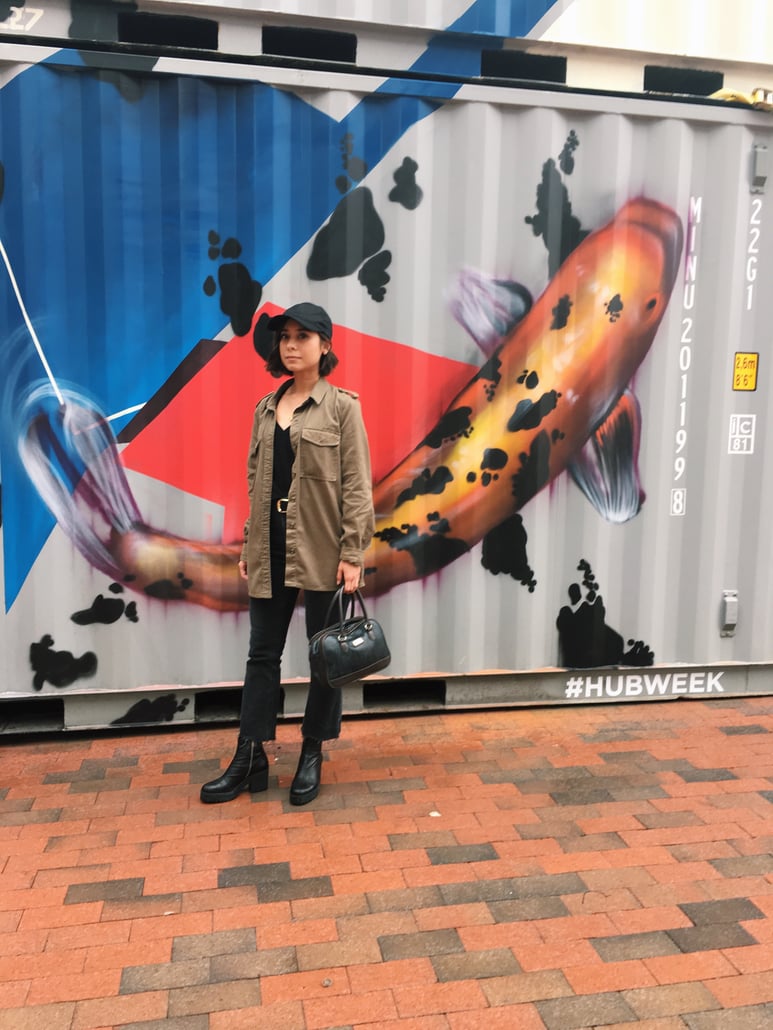 rainy day outfit, kick flare jeans, army jacket, baseball hat, platform boots