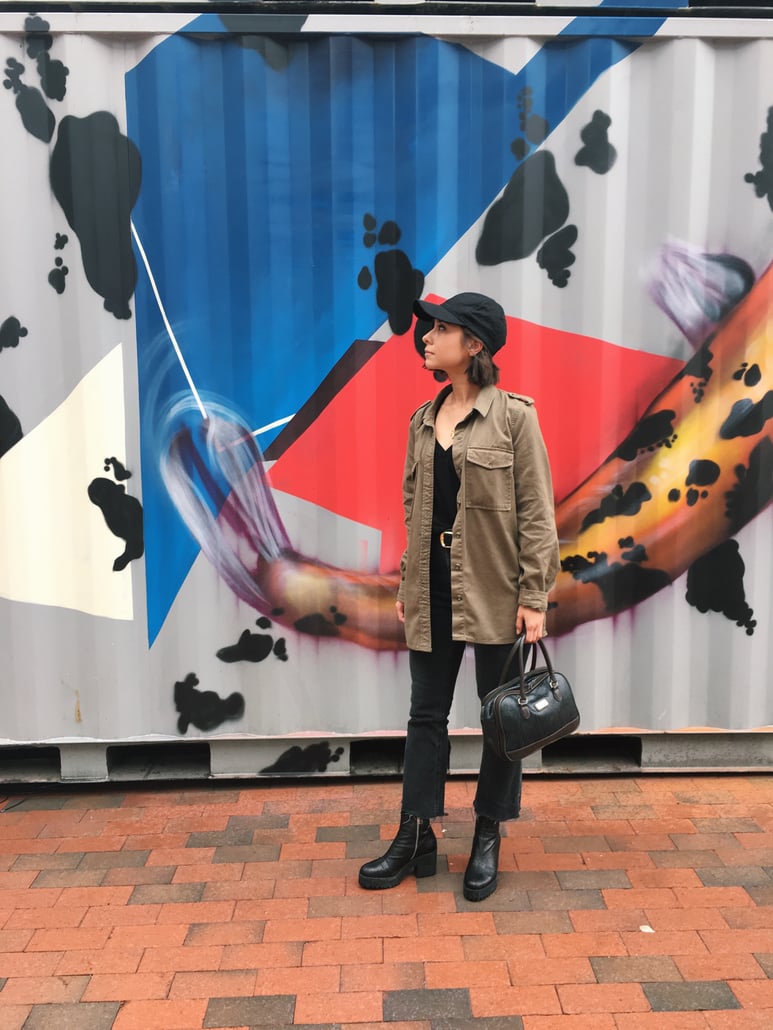 rainy day outfit, kick flare jeans, army jacket, baseball hat, platform boots