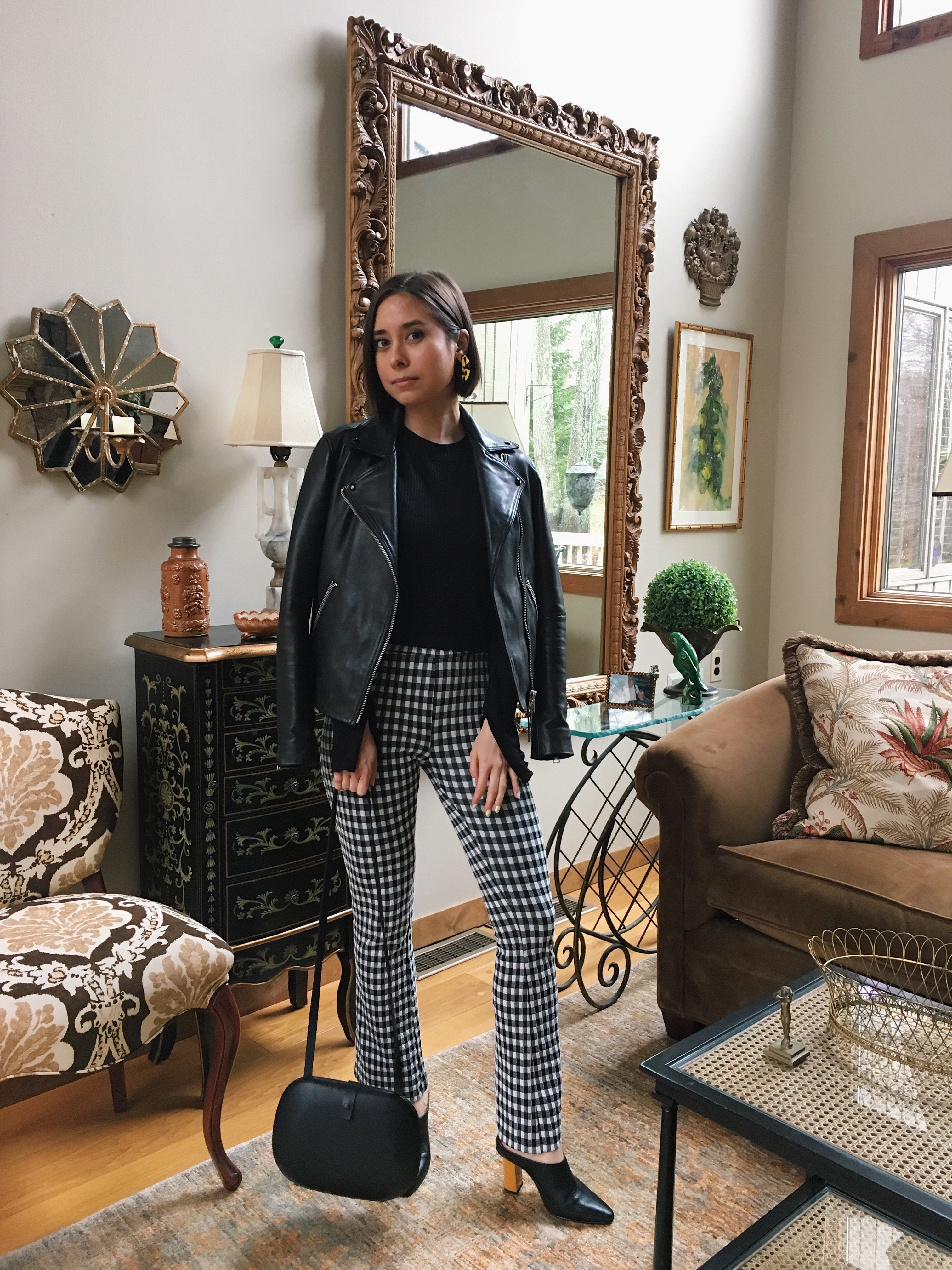boston fashion blogger in gingham pants, leather jacket, heeled mules