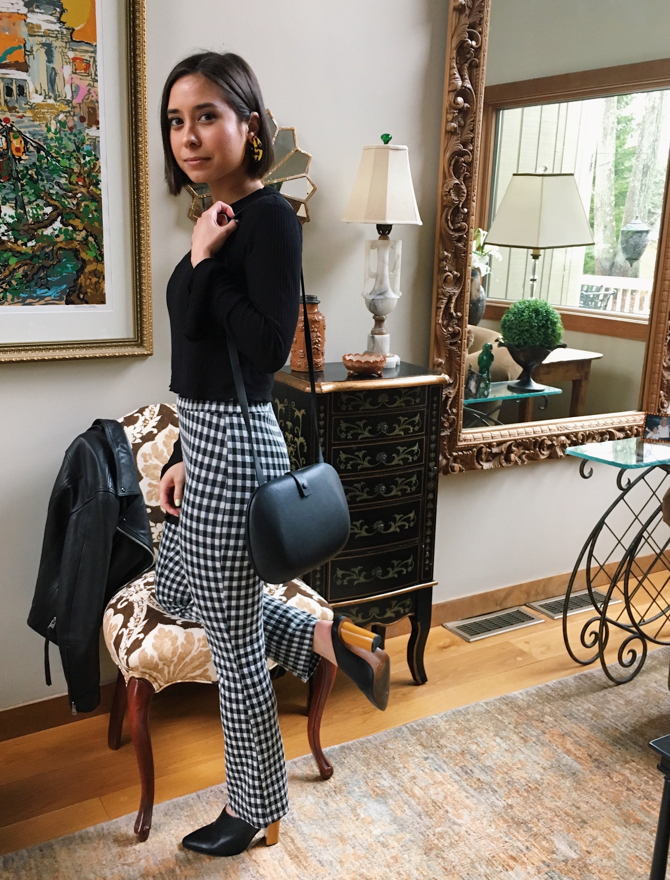 boston fashion blogger in gingham pants, heeled mules, spring trends