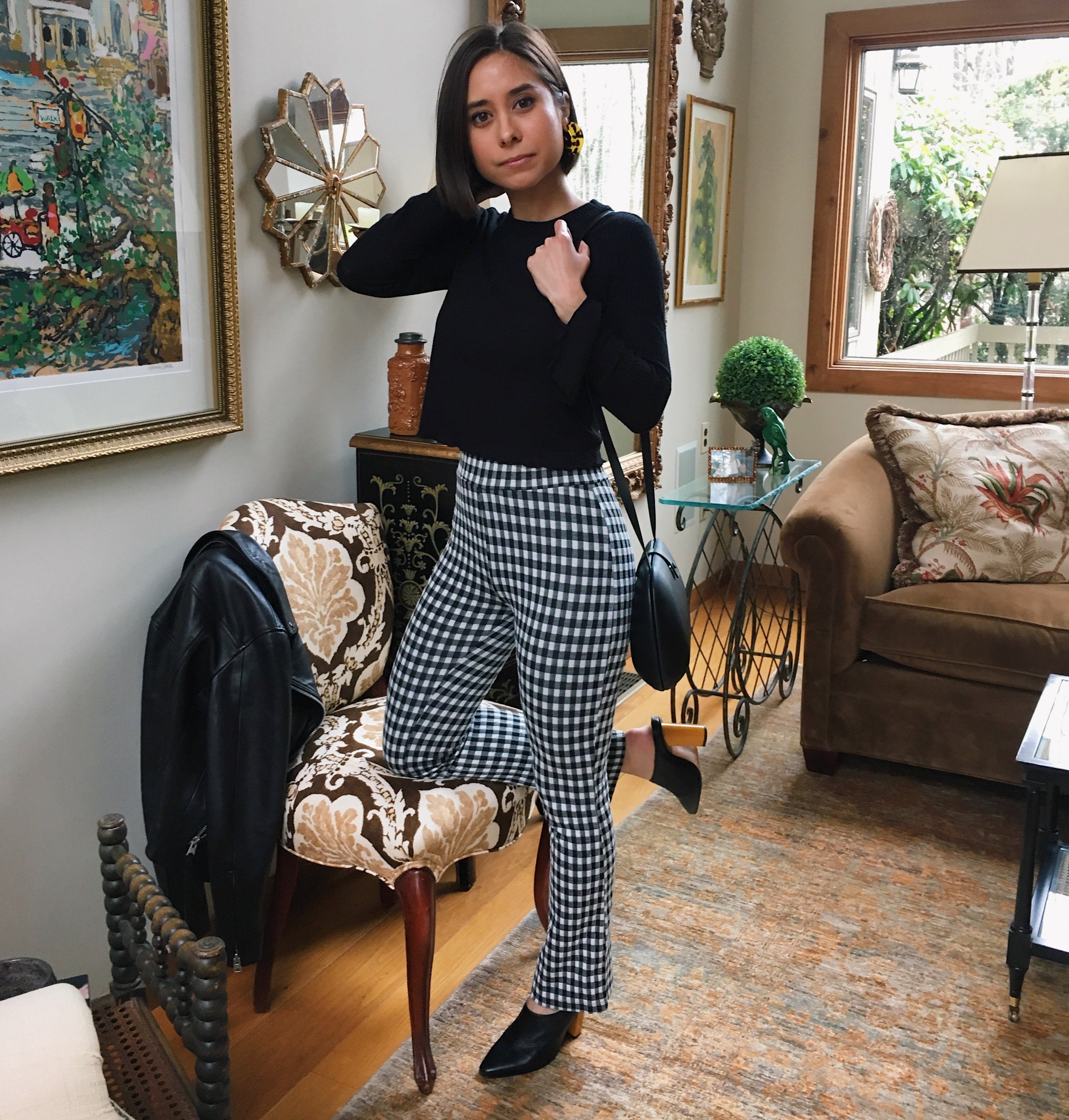 boston fashion blogger in gingham pants, heeled mules, spring trends