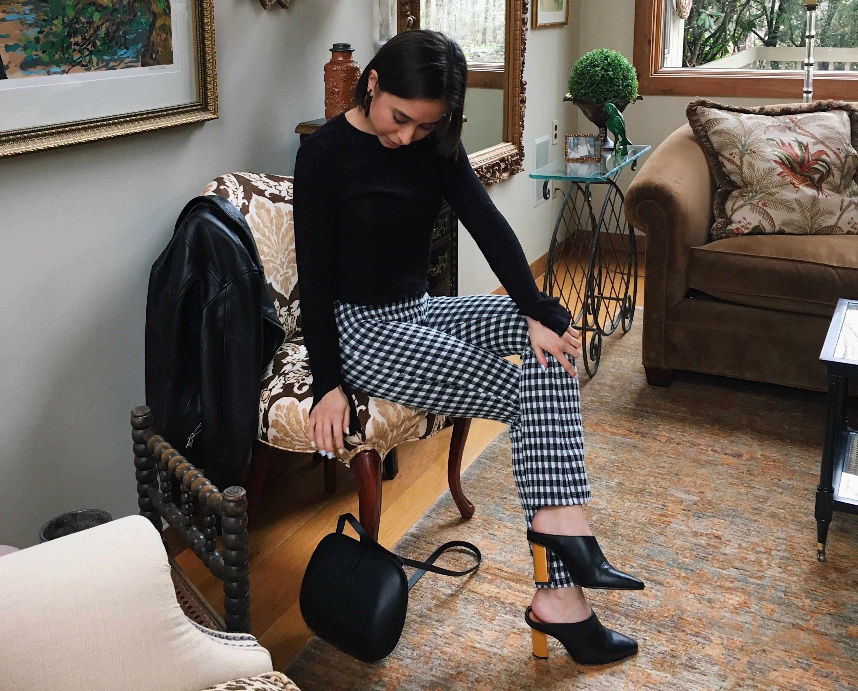 boston fashion blogger in gingham pants, heeled mules, spring trends