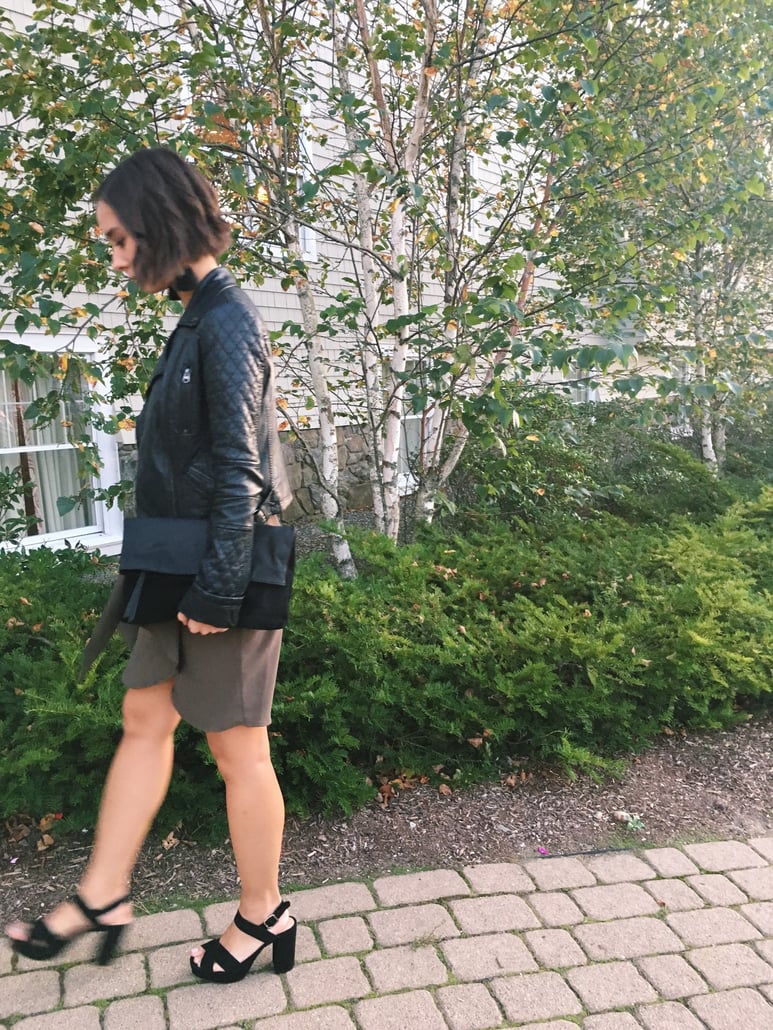 Wedding rehearsal dinner guest outfit in New England in autumn featuring Topshop dress, leather jacket, fringe earrings