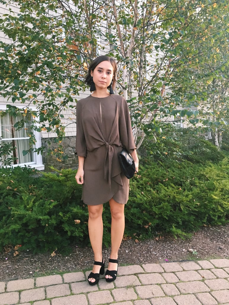 Wedding rehearsal dinner guest outfit in New England in autumn featuring Topshop dress, leather jacket, fringe earrings