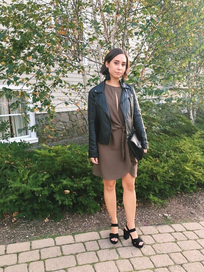 Wedding rehearsal dinner guest outfit in New England in autumn featuring Topshop dress, leather jacket, fringe earrings