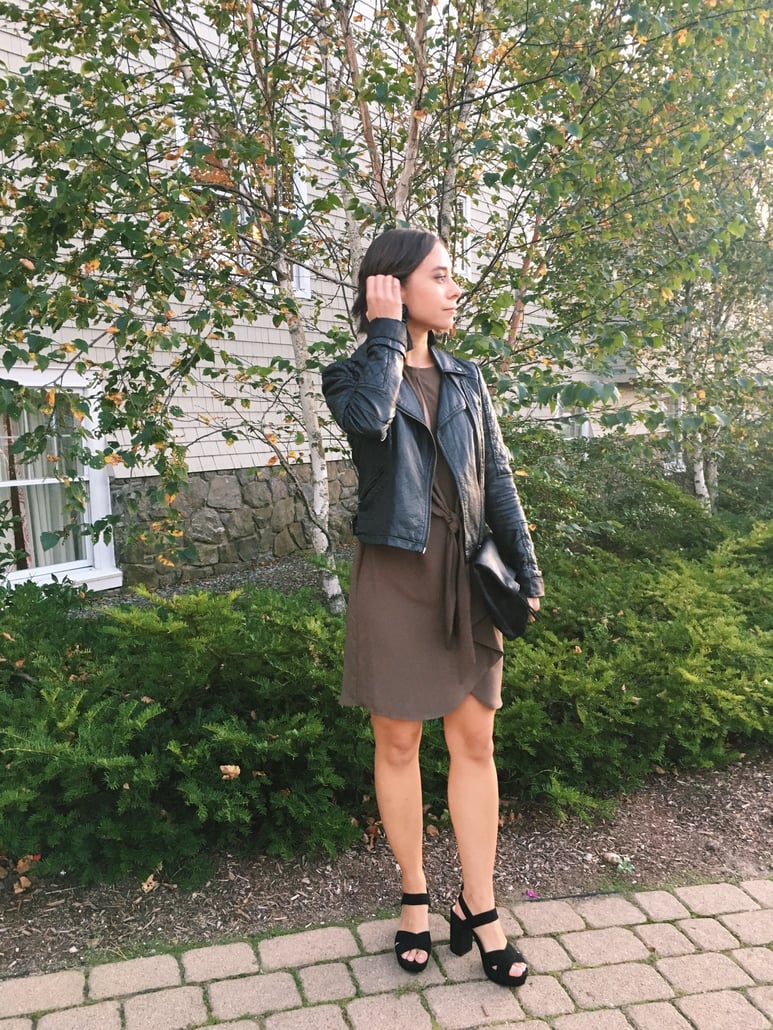 Wedding rehearsal dinner guest outfit in New England in autumn featuring Topshop dress, leather jacket, fringe earrings