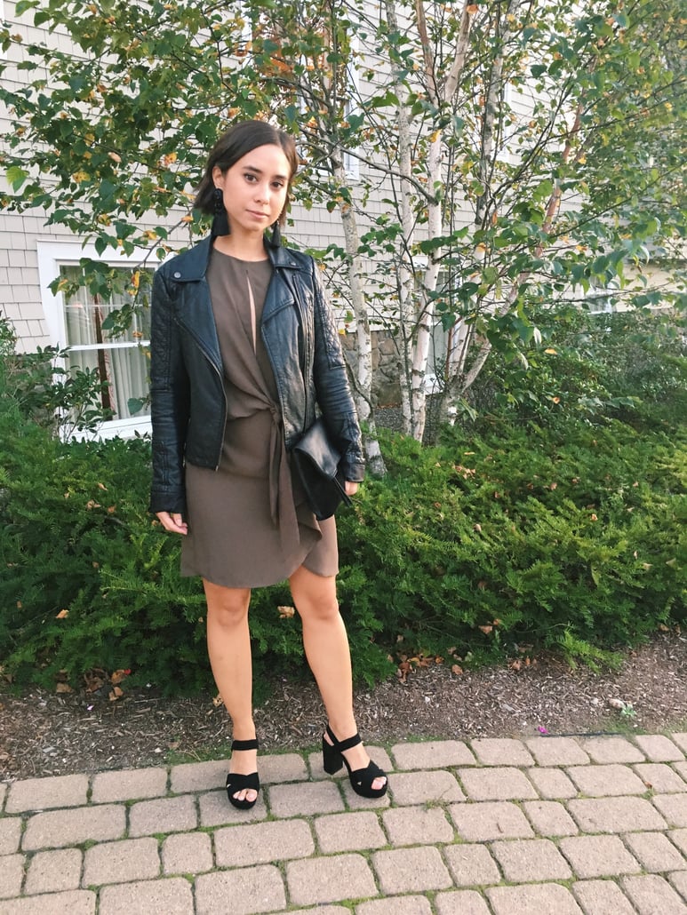 Wedding rehearsal dinner guest outfit in New England in autumn featuring Topshop dress, leather jacket, fringe earrings