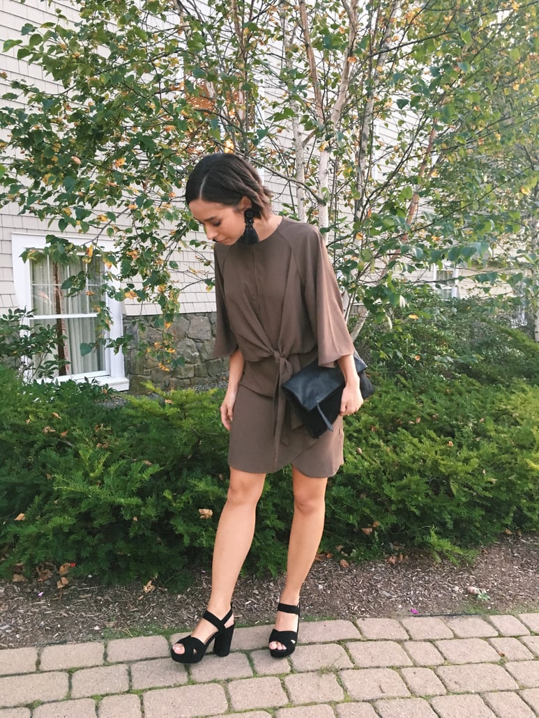 Wedding rehearsal dinner guest outfit in New England in autumn featuring Topshop dress, leather jacket, fringe earrings