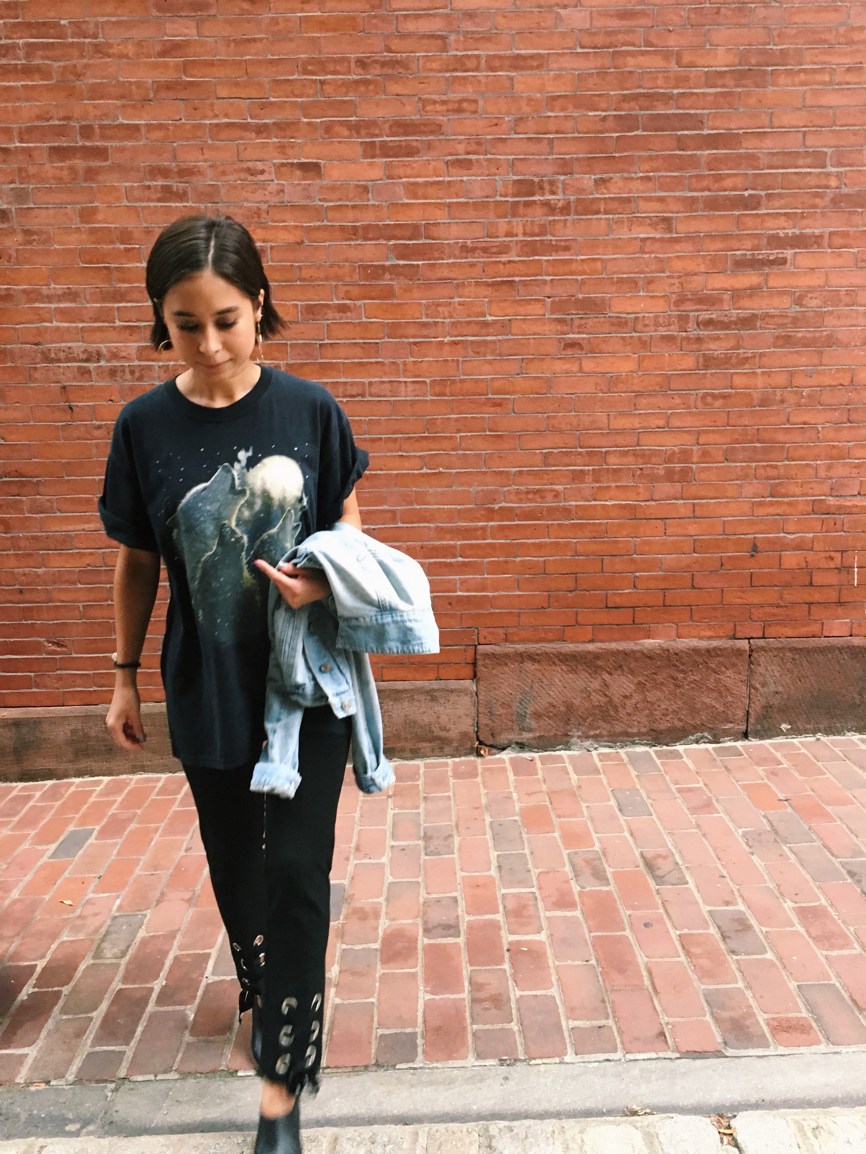 vintage t-shirt, topshop denim jacket, h&m lace-up pants, mules, statement earrings