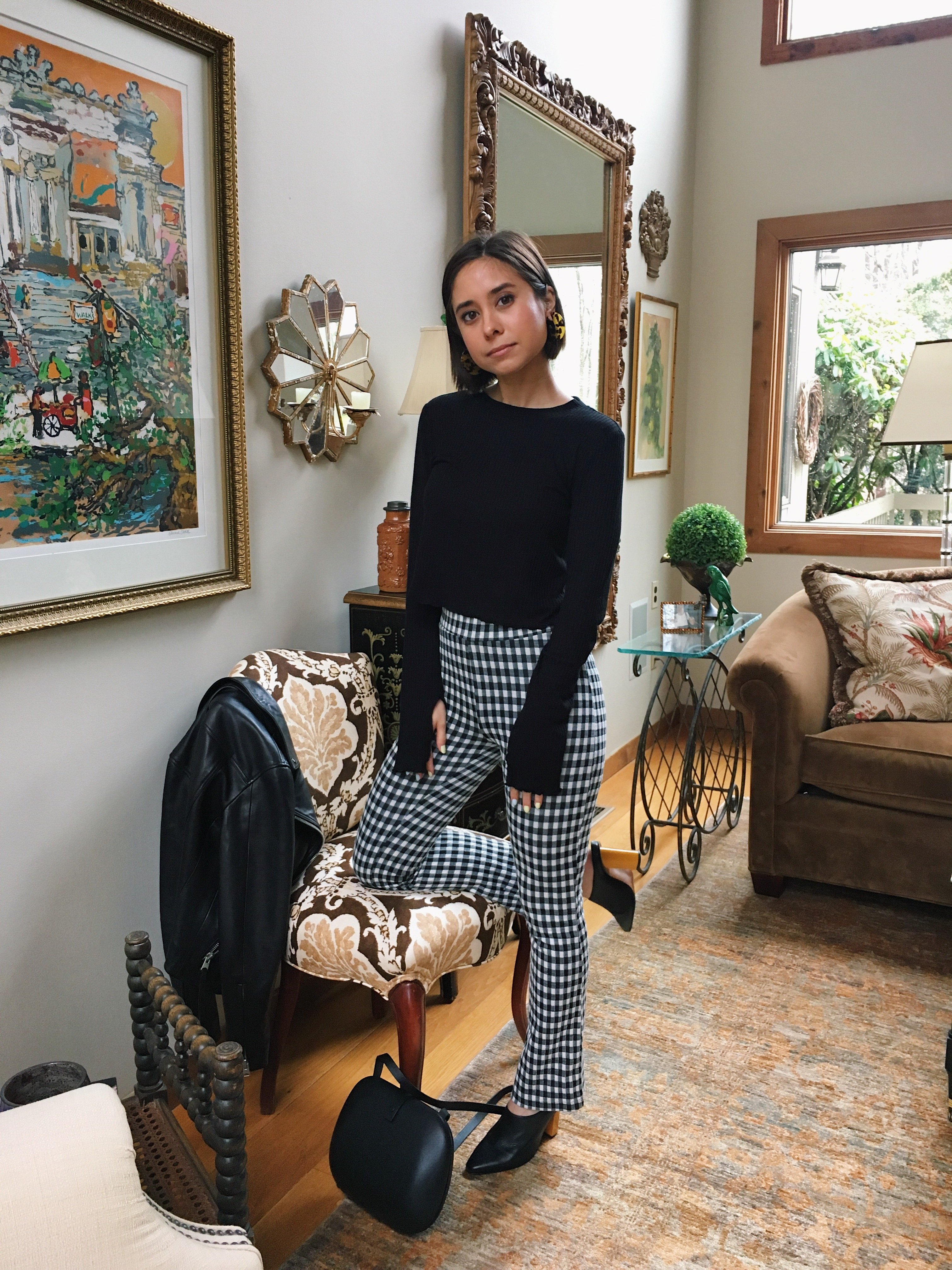 boston fashion blogger in gingham pants, heeled mules, spring trends