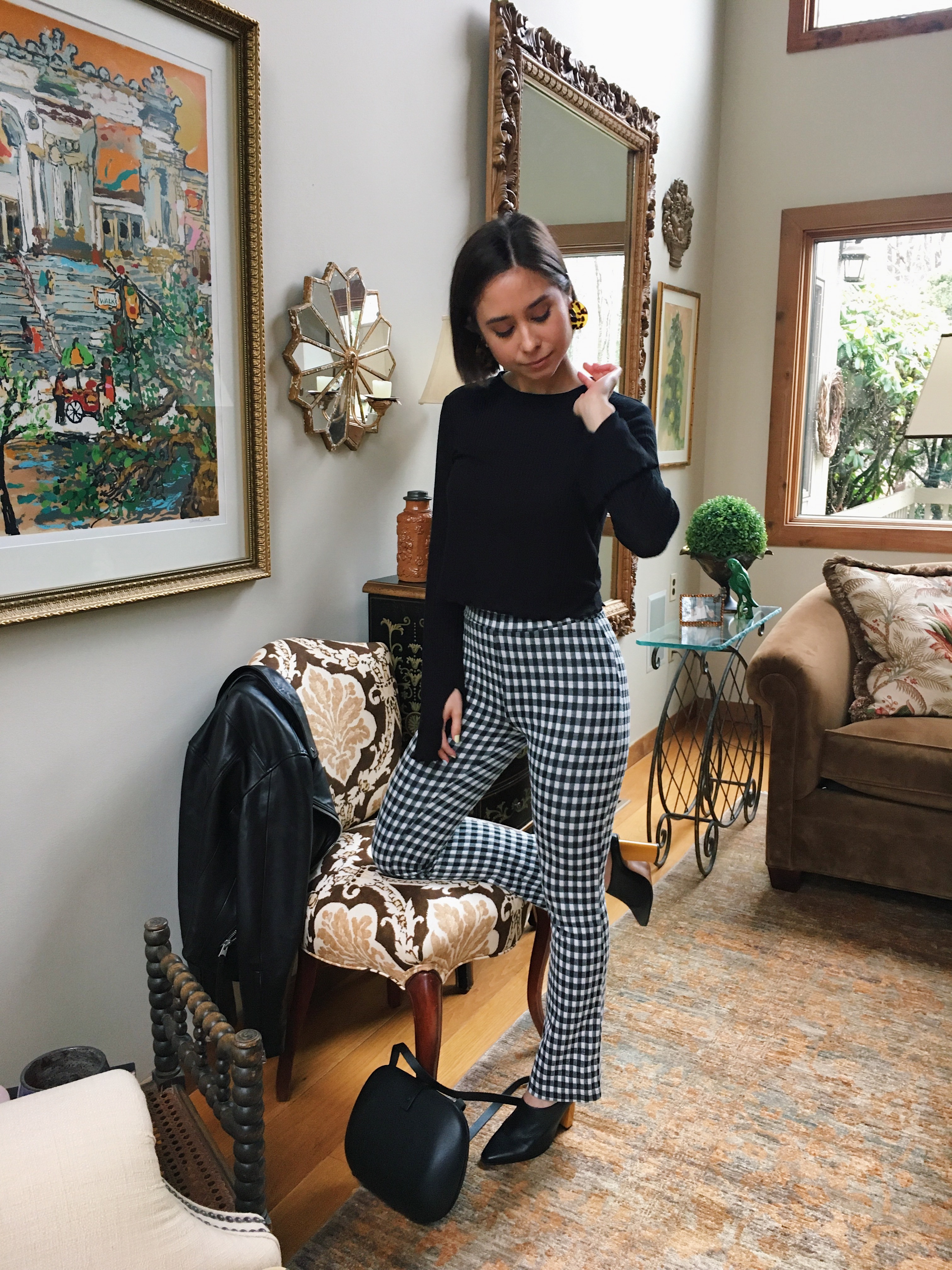 boston fashion blogger in gingham pants, heeled mules, spring trends
